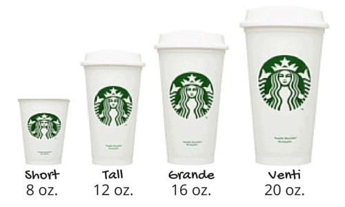 Starbucks cup sizes: short 8 oz, tall 12 oz, grande 16 oz, venti 20 oz