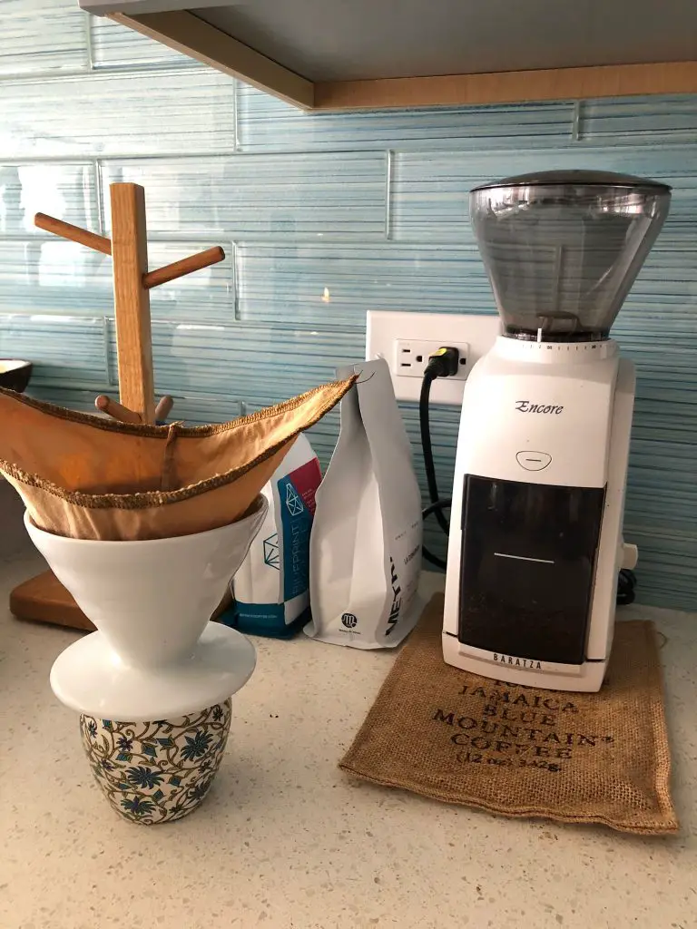 baratza encore next to a pour over funnel