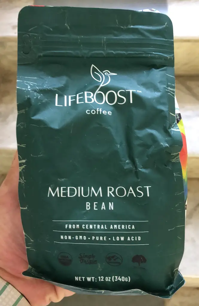 a bag of lifeboost medium roast coffee