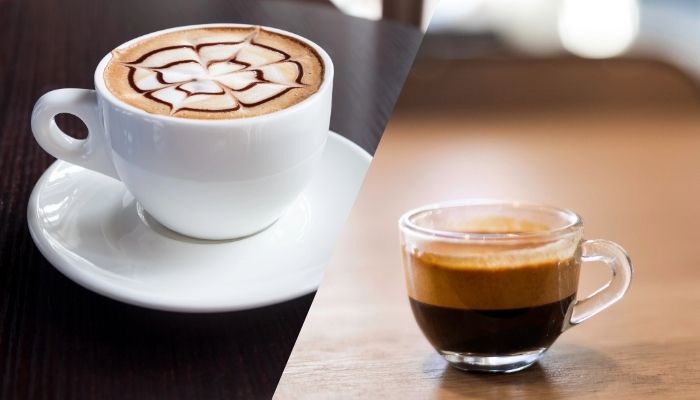 Two cups of coffee: a white cup with latte art on the left, resembling cappuccino, and a small glass cup of robust espresso on the right.